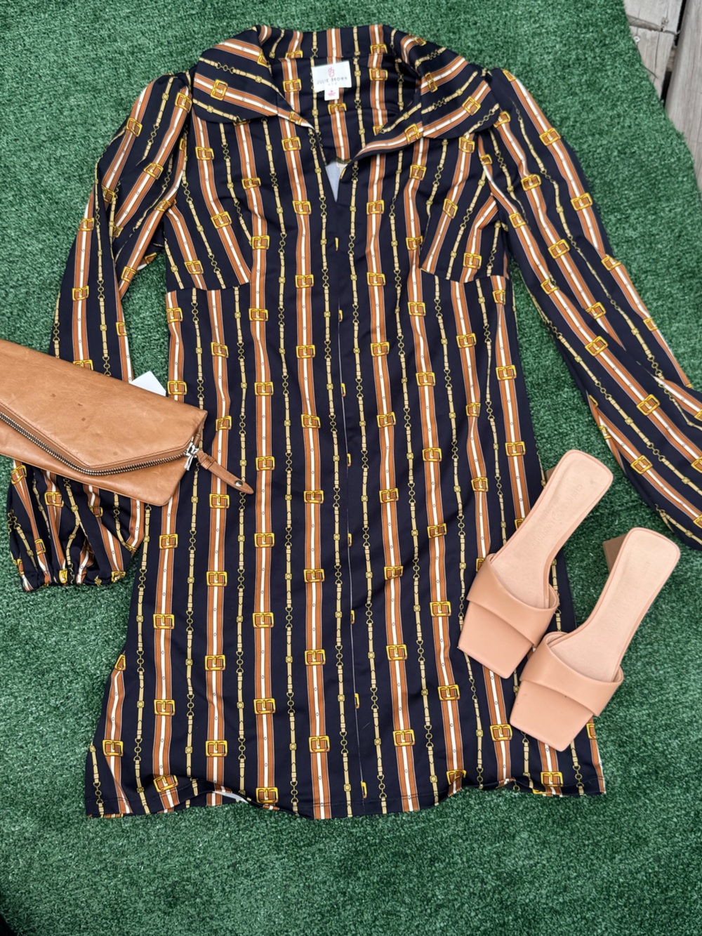 JB by Julie Brown Navy Striped Buckle-Print Long Sleeve Dress
